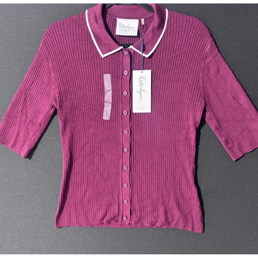 Walter Hagen Clubhouse Burgundy Ribbed Knit 3/4 Sleeve Button Polo Cardigan L